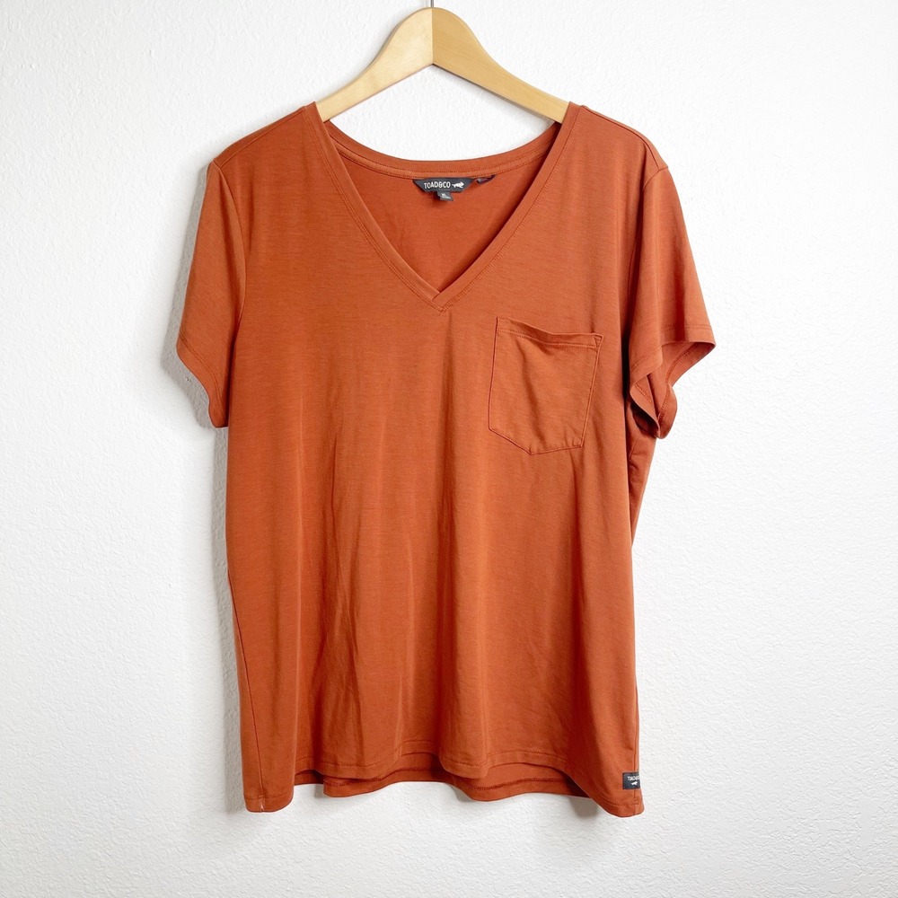 Toad&Co Womens XL Rust Orange V-Neck Short Sleeve Pocket T-Shirt Relaxed Fit